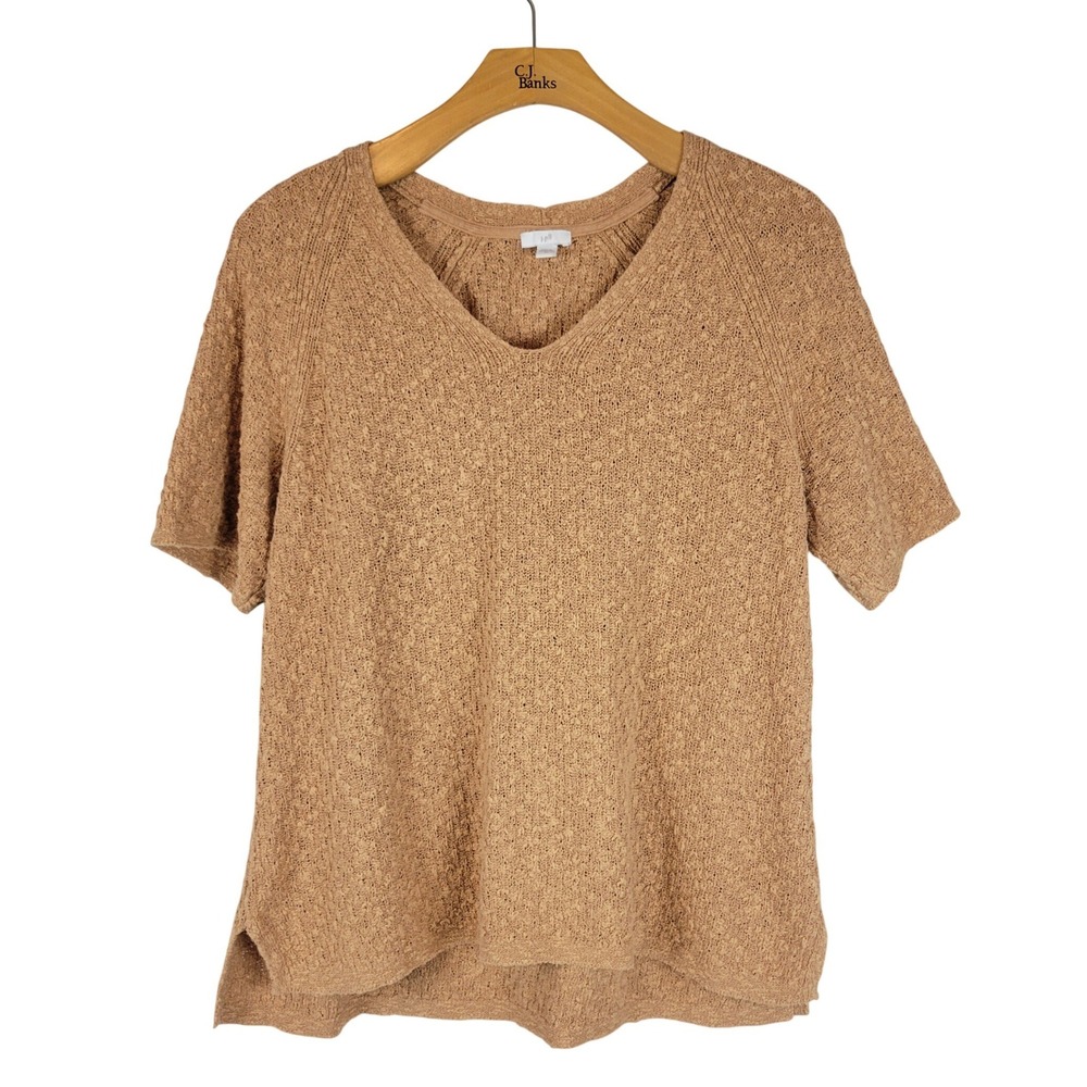 J. Jill Textured V-Neck Knit Short Sleeve Top - Camel, Size XL